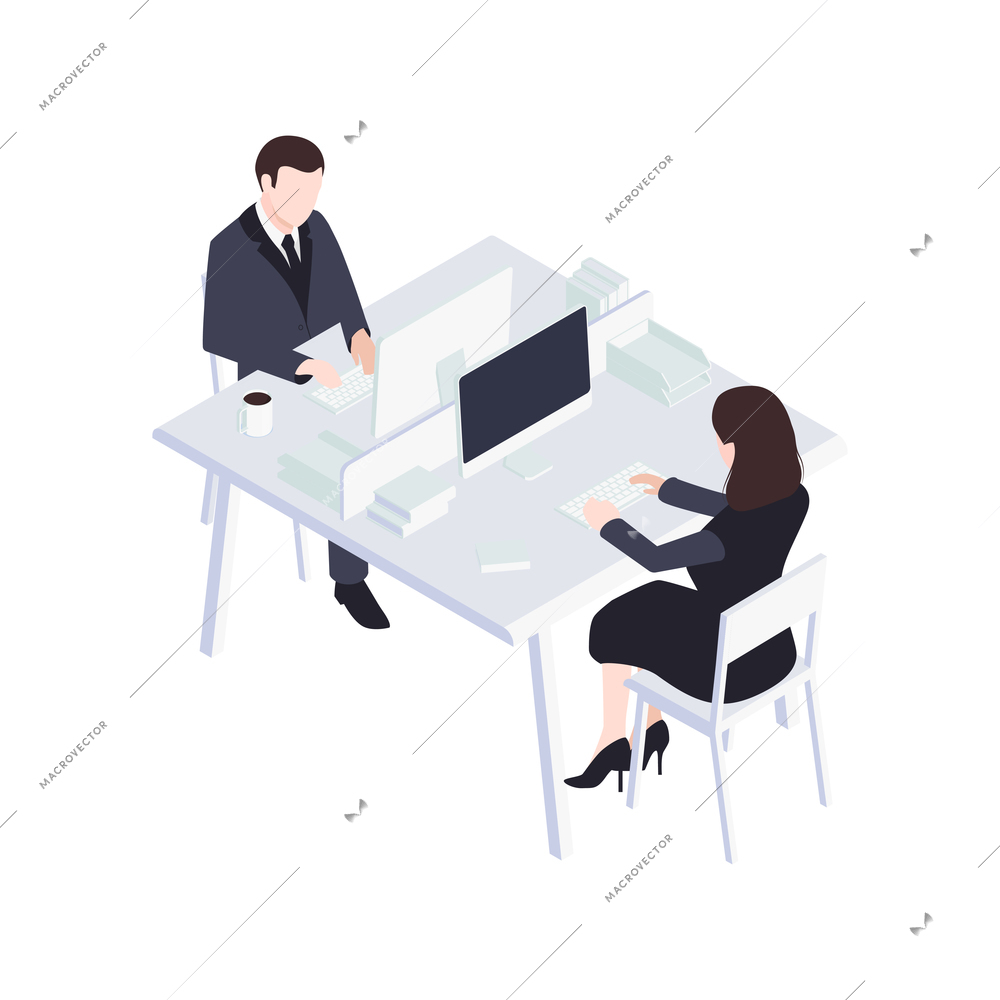 Isometric icon of business people working in open space office 3d vector illustration