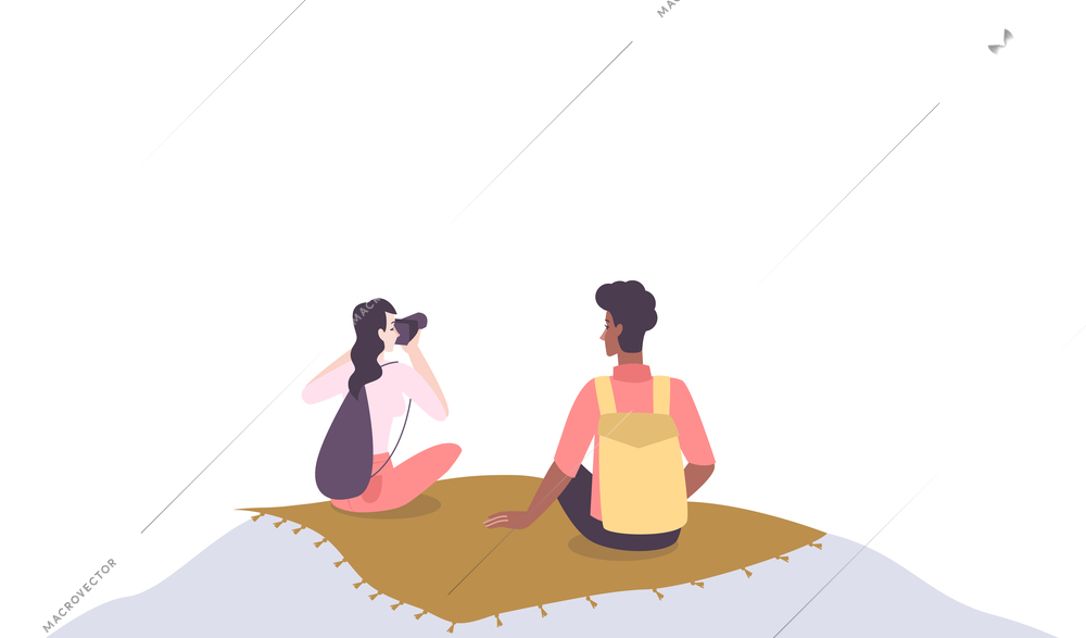 Two people resting and taking photo with camera flat vector illustration