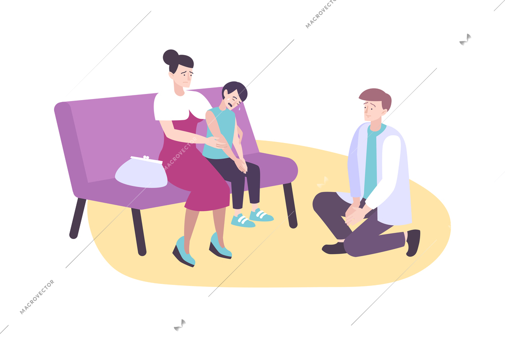 Parenting concept with mum and dad quieting crying son flat vector illustration