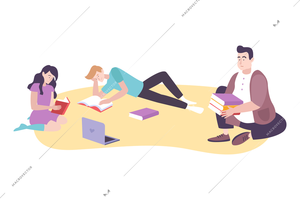 Happy family reading books together on floor flat vector illustration