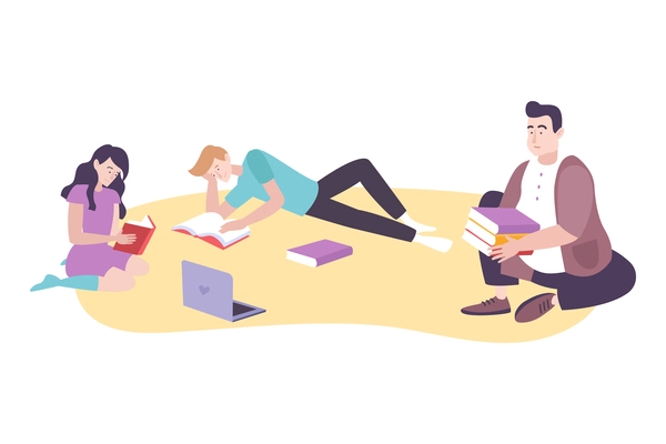 Happy family reading books together on floor flat vector illustration