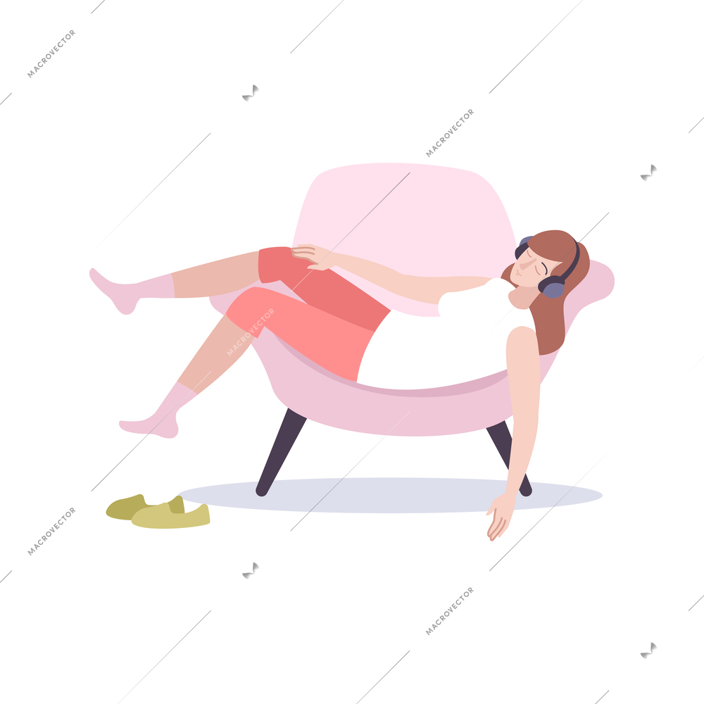 Woman relaxing in armchair with headphones flat vector illustration