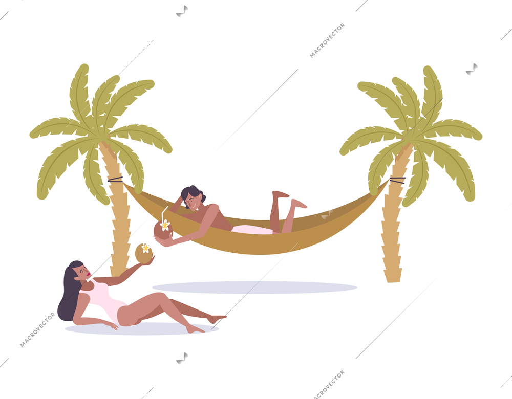 People relaxing on hammock during summer vacation flat vector illustration