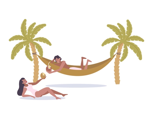 People relaxing on hammock during summer vacation flat vector illustration