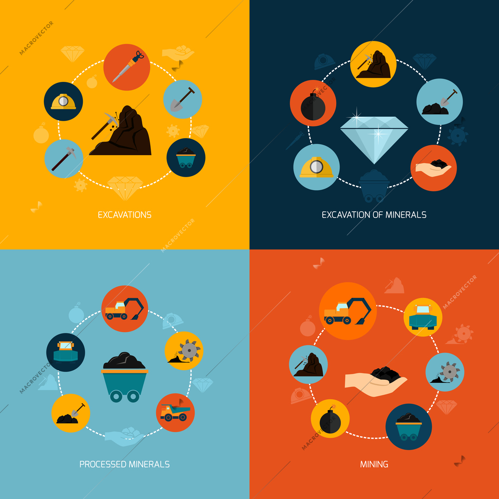 Mining and mineral excavation flat icons composition isolated vector illustration