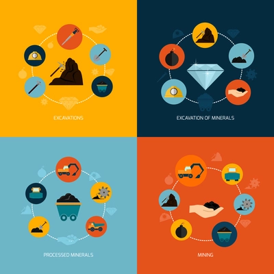 Mining and mineral excavation flat icons composition isolated vector illustration