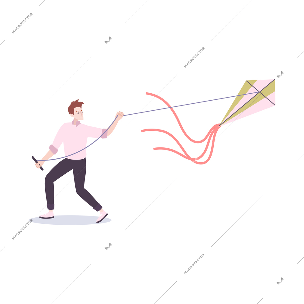 Flat icon of relaxing man flying kite vector illustration