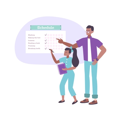 Parenting flat concept with dad and daughter checking her schedule vector illustration