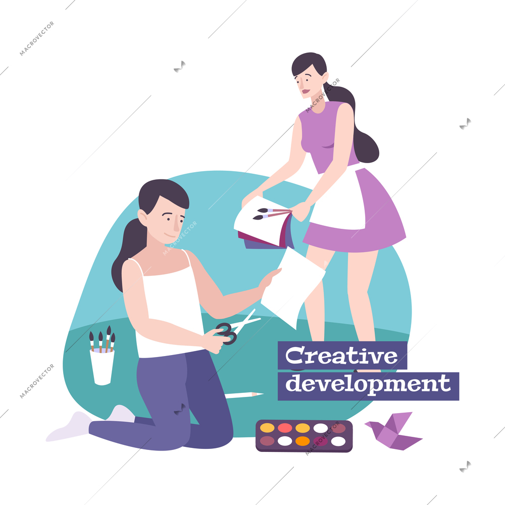 Parenting creative development flat concept with human characters and tools for painting vector illustration