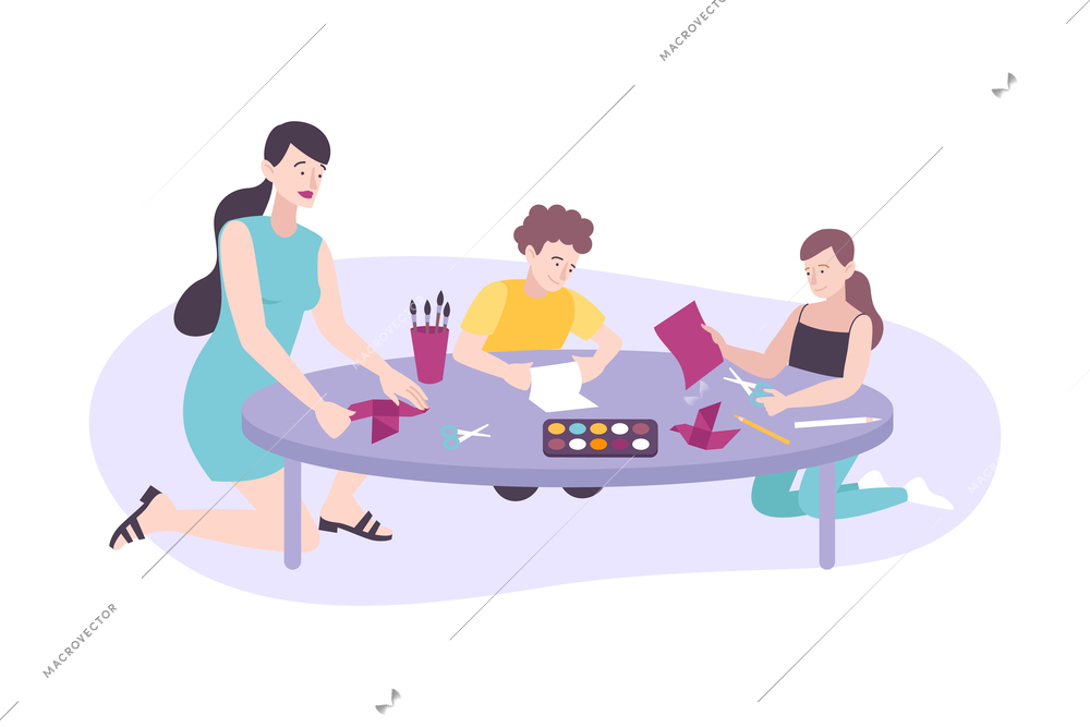 Parenting flat concept with characters of mum and children drawing together vector illustration