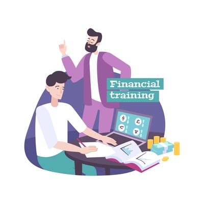 Parenting and financial training flat concept with dad teaching son to manage finance vector illustration