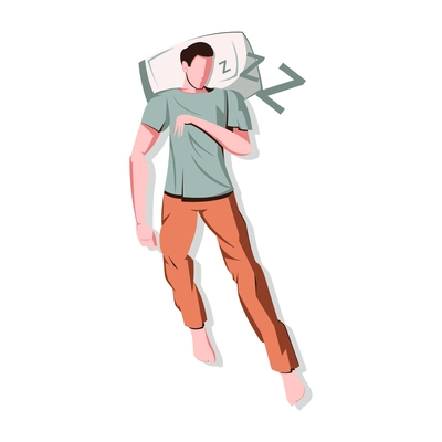 Man character sleeping in pyjamas on bed flat vector illustration