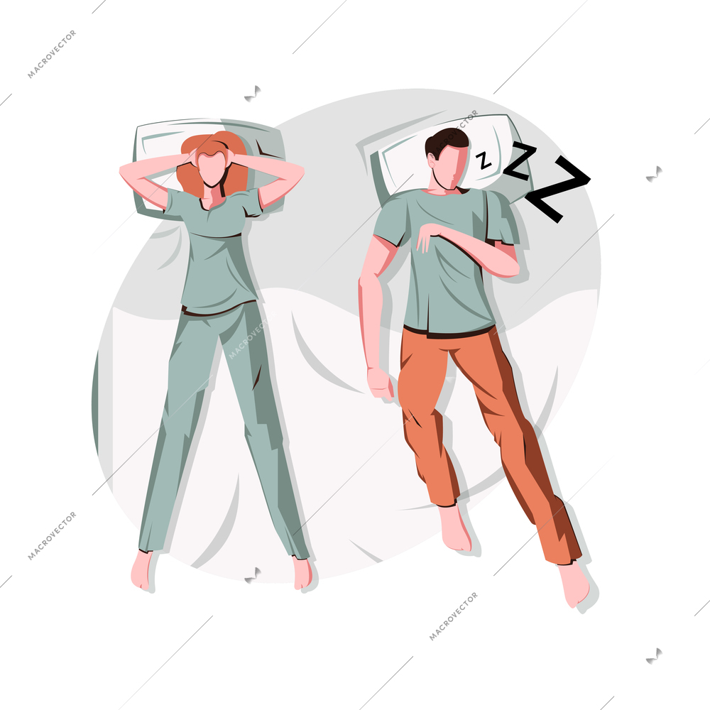 Woman cannot sleep because of man snoring flat vector illustration