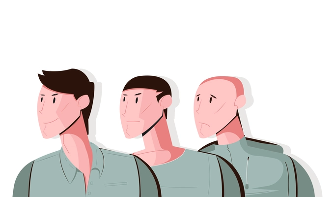 Three stages of hair loss concept with male character flat vector illustration