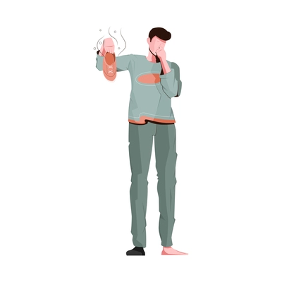 Man with smelly shoe in hand holding his nose flat vector illustration