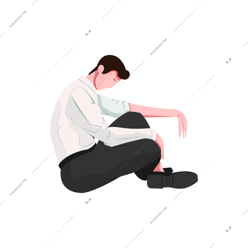 Sad man sitting on white background flat vector illustration