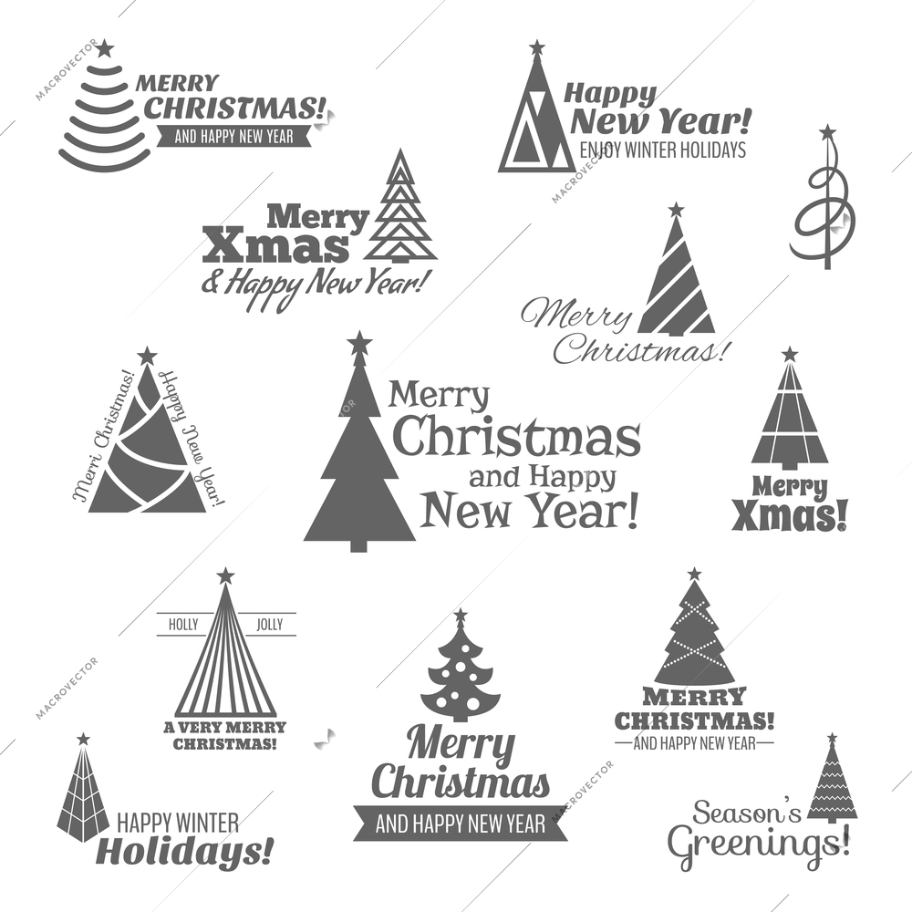 Christmas tree happy new year holiday stamps black set isolated vector illustration.