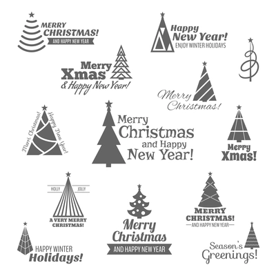 Christmas tree happy new year holiday stamps black set isolated vector illustration.