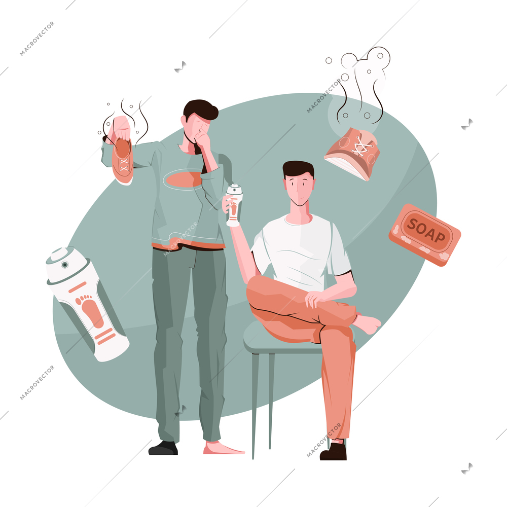 Men problem composition with smelly feet shoes and deodorant icons flat vector illustration