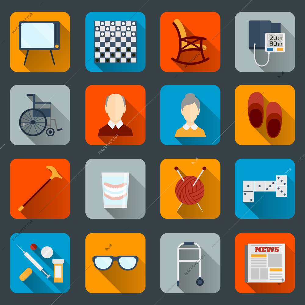 Pensioners life flat icons set of tv checkers rocking chair isolated vector illustration