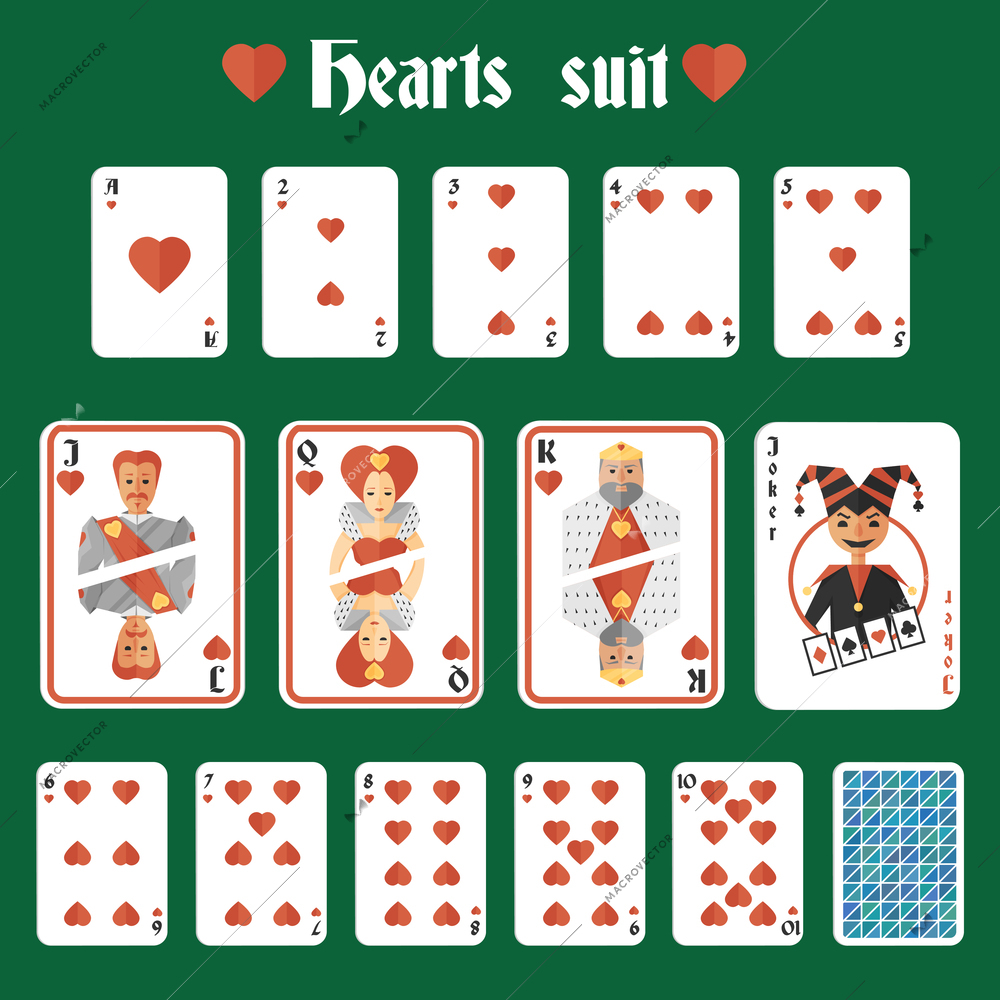 Playing cards hearts red suit set joker and back isolated vector illustration