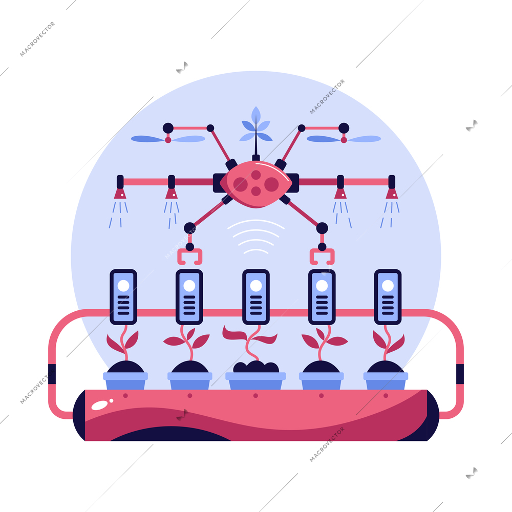 Automated smart garden technology with flying drone flat vector illustration