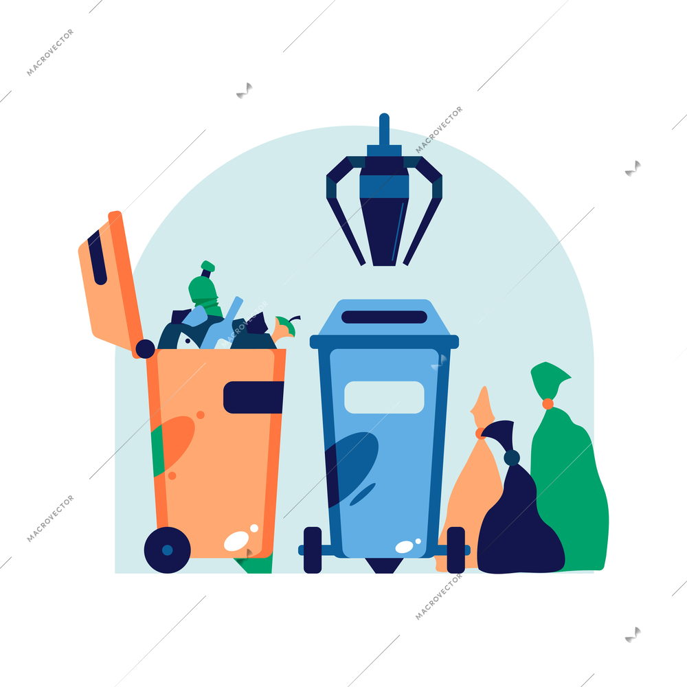 Garbage recycling concept with litter and robotic arm flat vector illustration