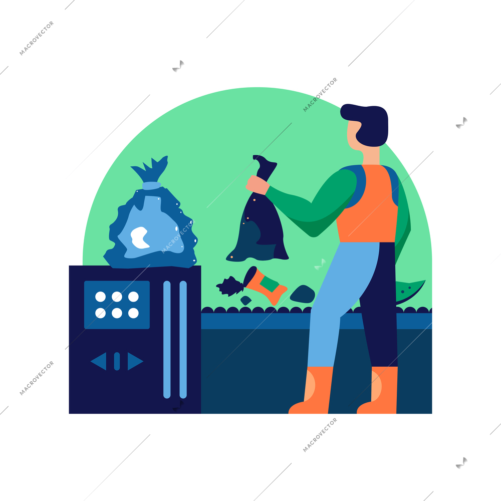 Waste recycling flat concept with human character and conveyor vector illustration