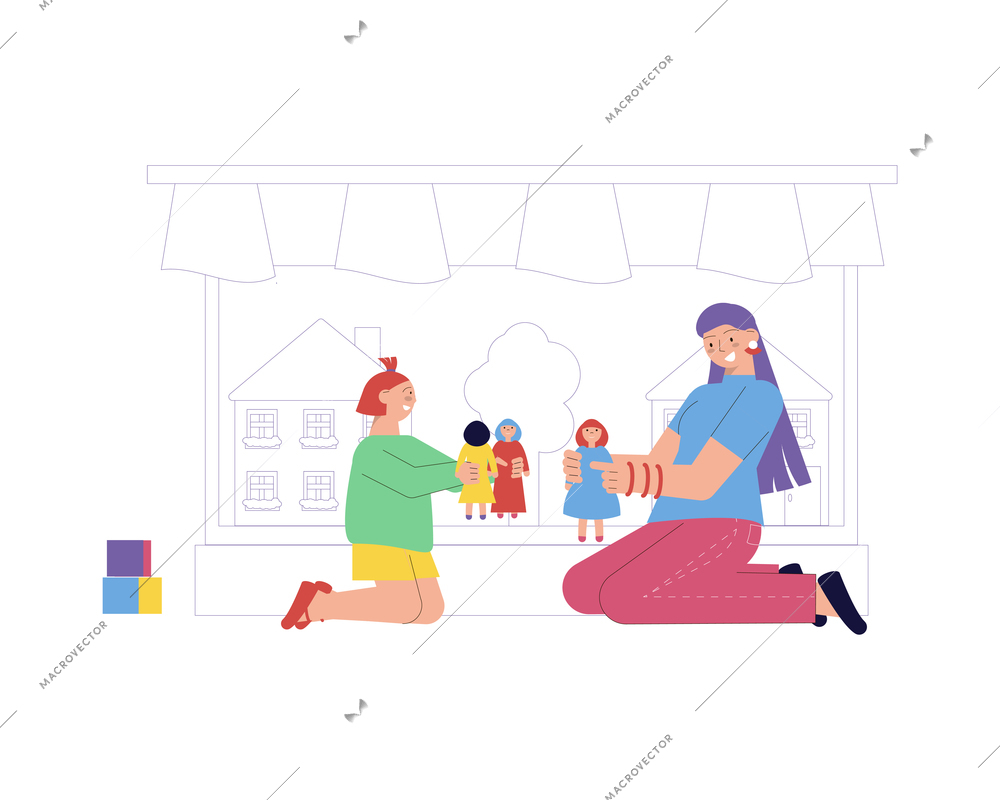 Flat babysitter and girl playing with dolls vector illustration