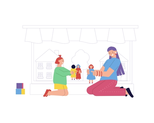 Flat babysitter and girl playing with dolls vector illustration