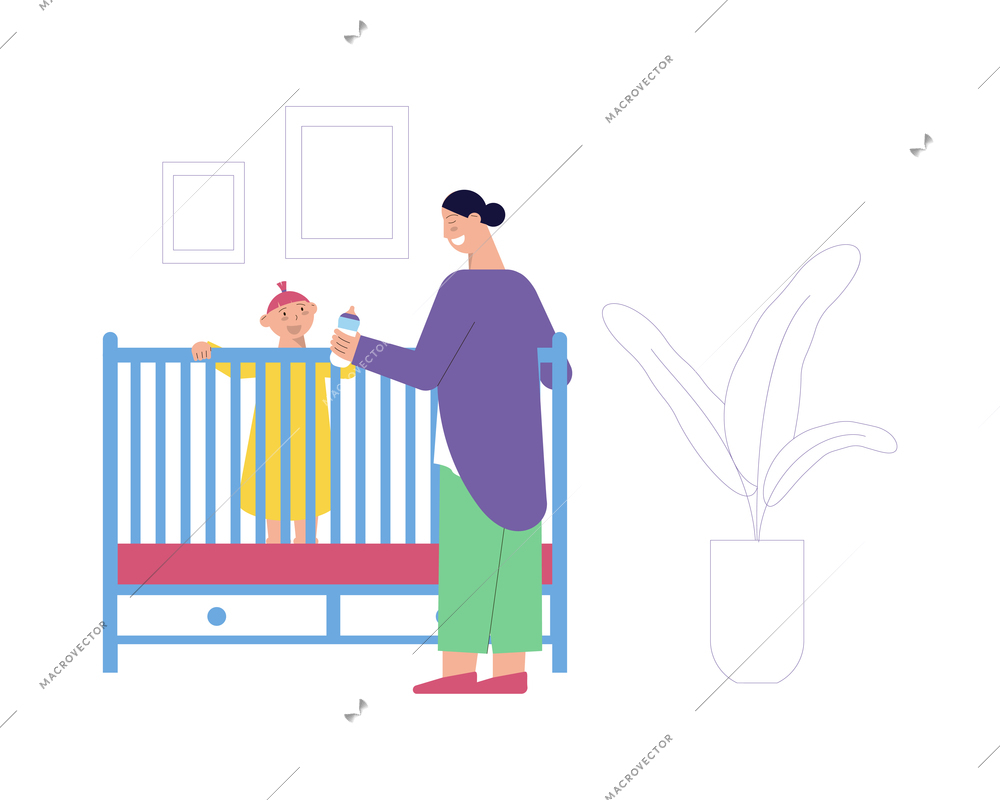 Nanny with bottle of milk looking after baby flat vector illustration