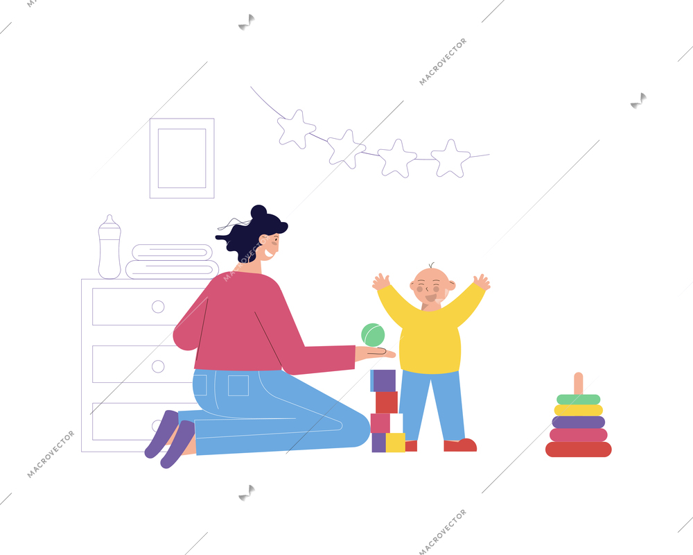 Babysitter playing with little boy flat vector illustration