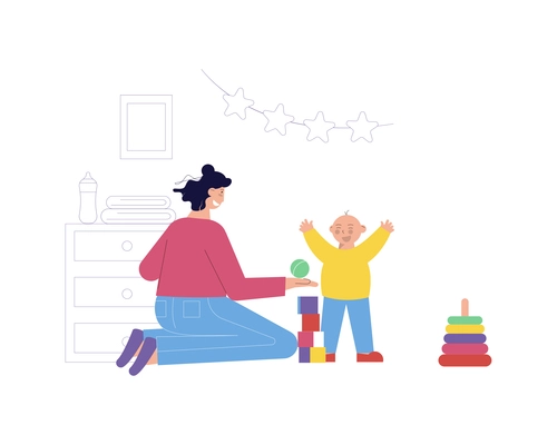 Babysitter playing with little boy flat vector illustration