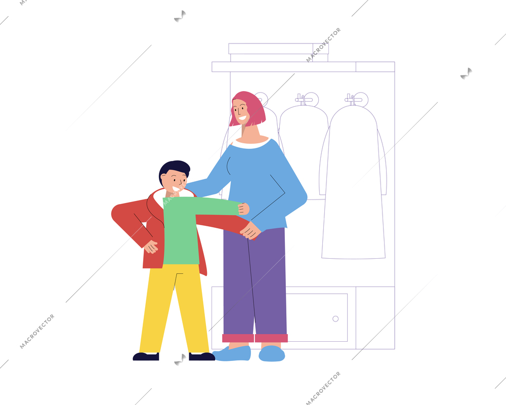 Smiling nanny helping boy to get dressed flat vector illustration