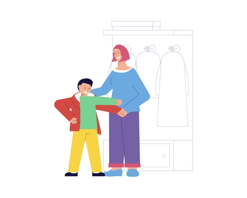 Smiling nanny helping boy to get dressed flat vector illustration