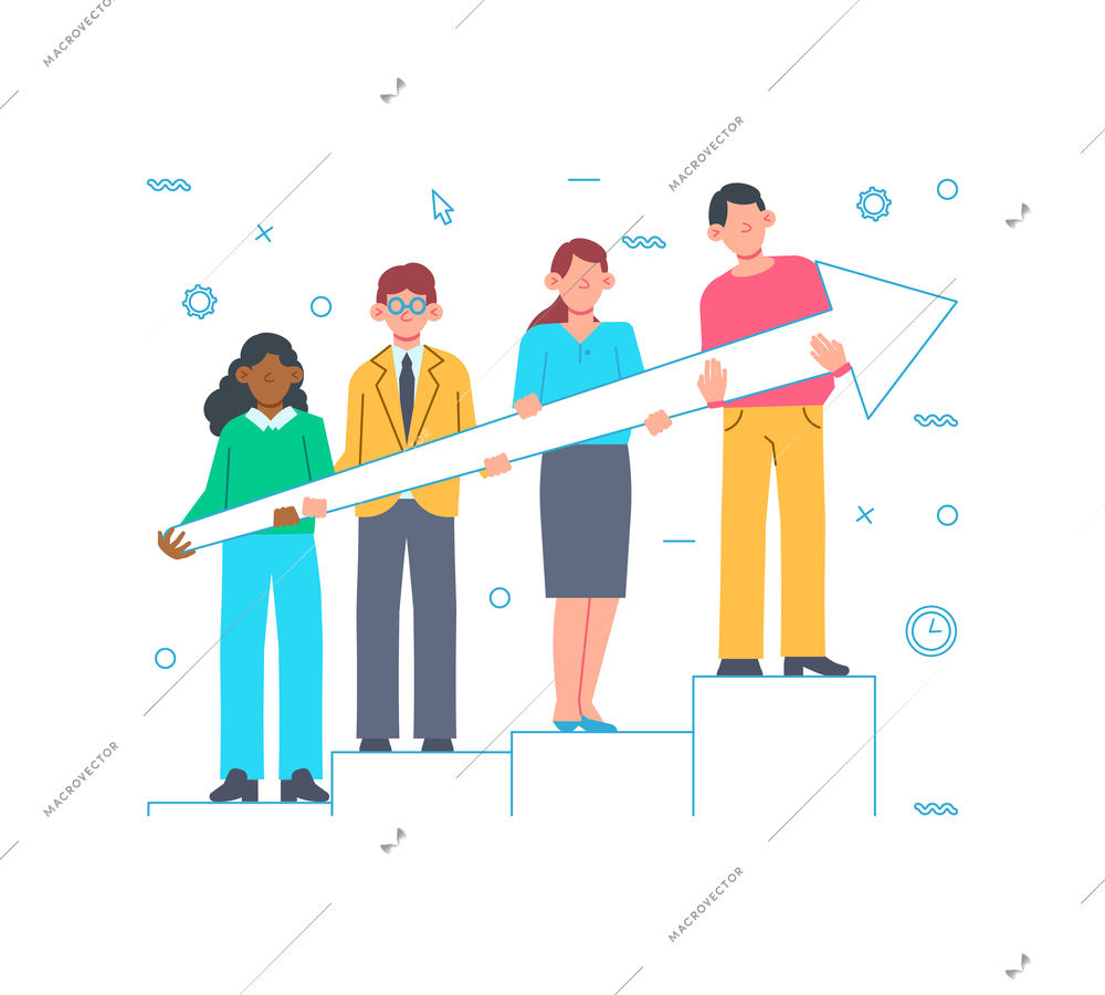 Team work flat business concept with human characters holding arrow vector illustration