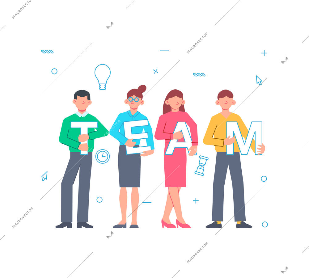 Team work concept with simple icons and flat characters holding letters vector illustration