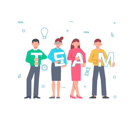 Team work concept with simple icons and flat characters holding letters vector illustration