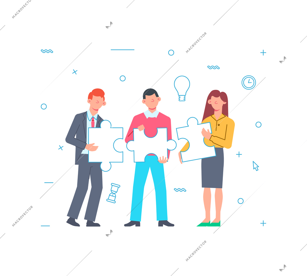 Flat team work business concept with people holding puzzle parts vector illustration