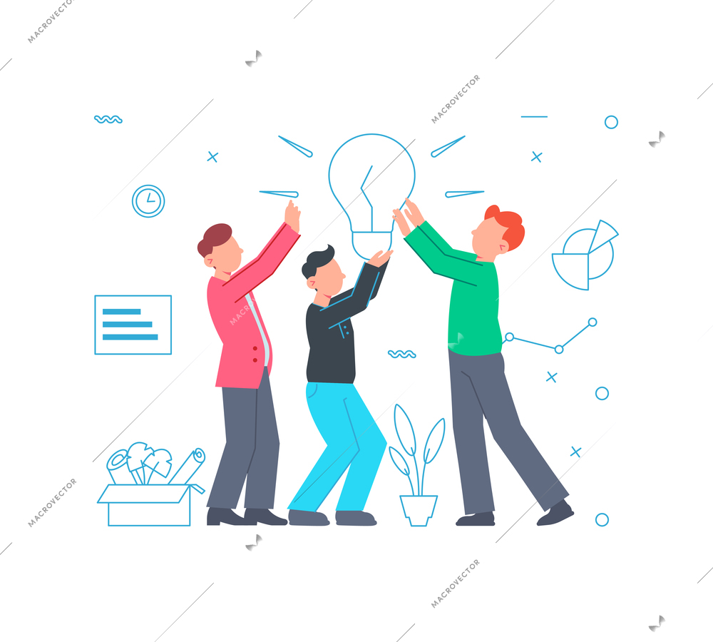 Team work brainstorming idea concept with human characters flat vector illustration