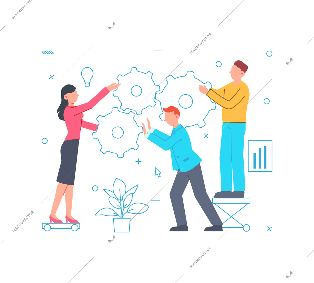 People working as team flat concept with cogwheels vector illustration