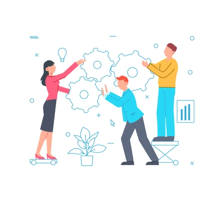 People working as team flat concept with cogwheels vector illustration
