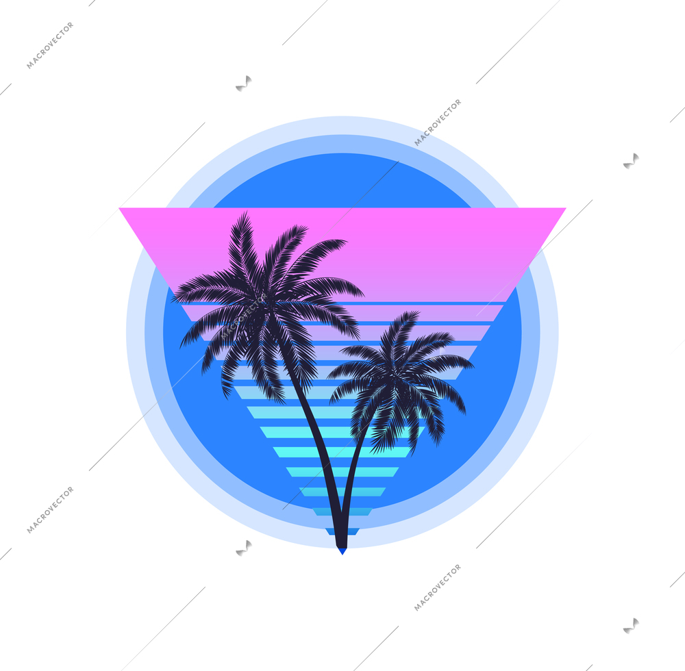Palms on background with neon shapes retro party realistic vector illustration