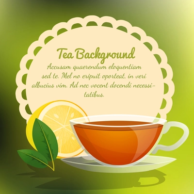 Tea cup with lemon and green leaf background vector illustration