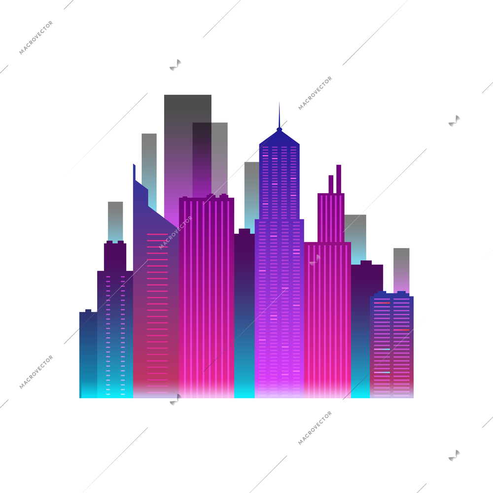 Neon cityscape icon with gradient skyscrapers realistic vector illustration