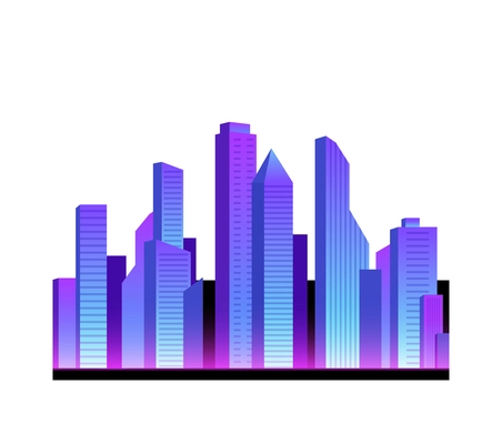 Modern neon city with tall buildings realistic icon on white background vector illustration