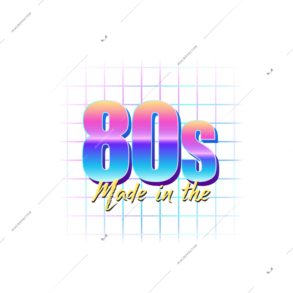 Neon retro icon with made in the 80s text on graph paper background realistic vector illustration