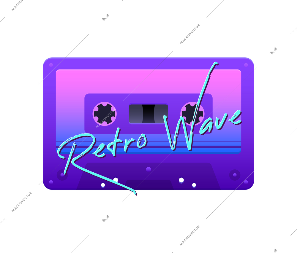 Retro wave realistic icon with purple neon gradient cassette on white background vector illustration