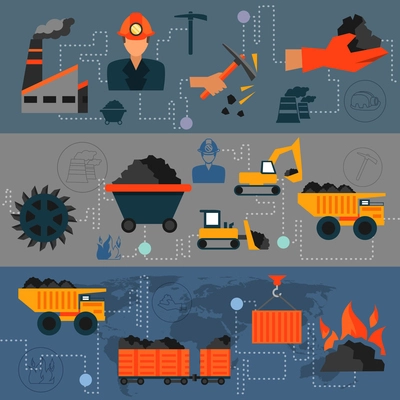 Coal industry factory transportation line banners set isolated vector illustration.