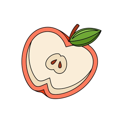 Slice of red apple with seeds and leaves flat vector illustration